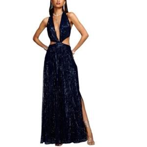 Ramy Brook Sequin Gown Plunging Neckline Open Back Navy Blue Size 14 Retail $695
